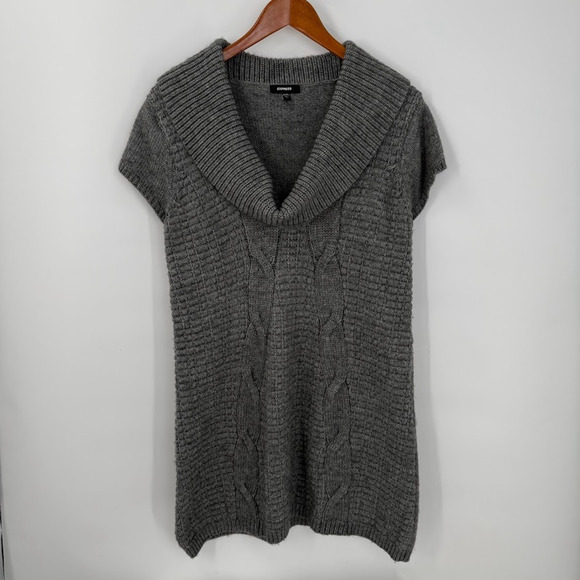 Express Gray Cowl Neck Cable Knit Long Sweater Tunic Womens L Merino Wool - Picture 1 of 8
